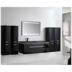 Badmöbel Set 240cm Schwarz Hochglanz Lackiert Komplett Badschrank 8tlg LED